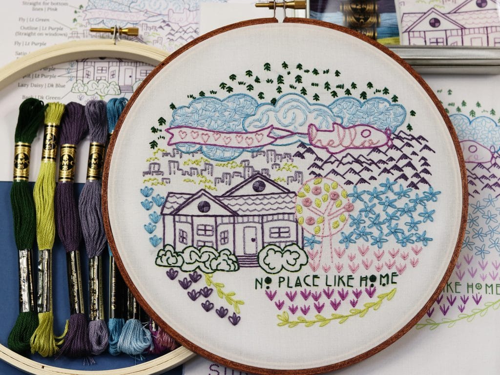 home-inspired embroidery kit with tin, fabric pattern, hoop and embroidery floss