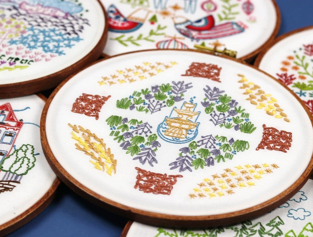assortment of embroidery projects from Stitched Stories shop.