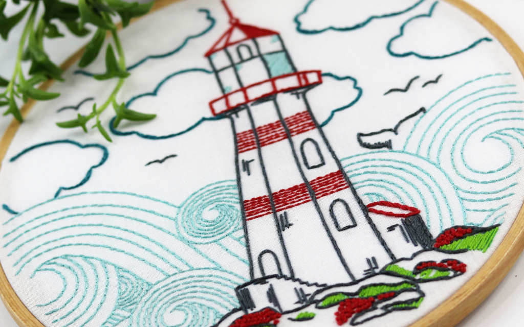 closeup of outline stitch used on the waves in the background of the a nautical themed embroidery design