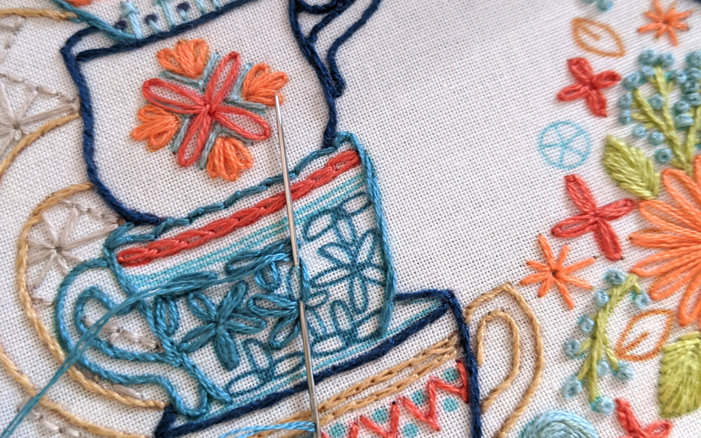 closeup of stitches on tea-themed embroidery project