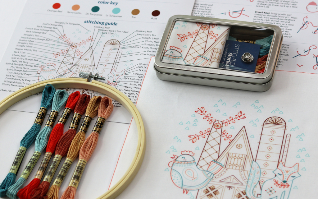 all-in-one embroidery kit with fabric pattern, hoop, stitcher's tin, embroidery floss  and stitching guide.