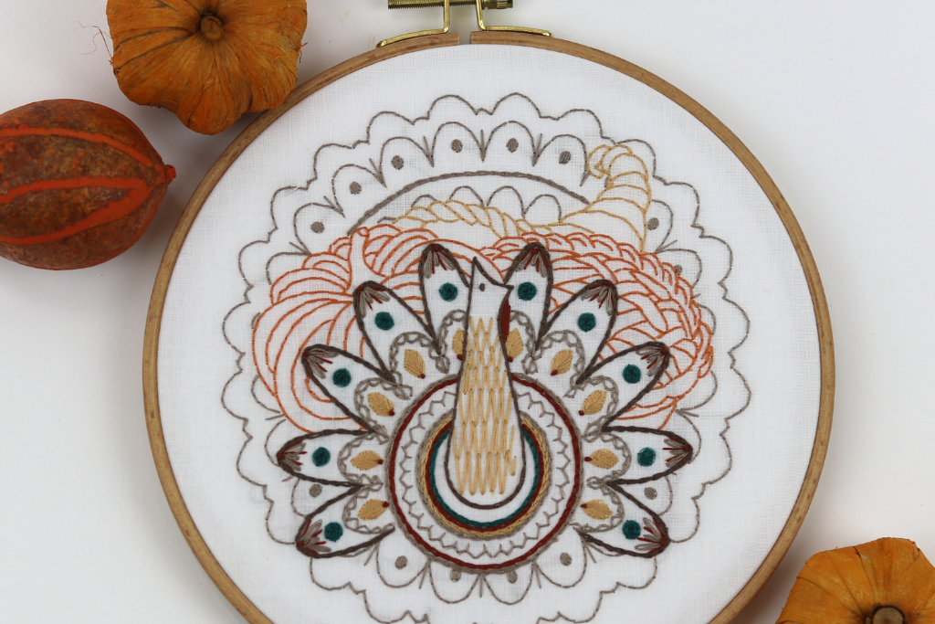 Thanksgiving-themed embroidery kit with turkey, pumpkins and a cornucopia