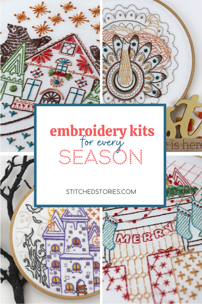 seasonal embroidery kits for Christmas, Halloween, Thanksgiving, etc.