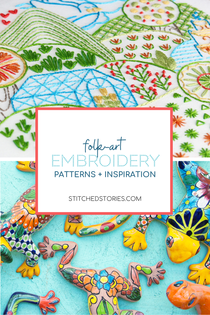 Folk art inspiration and embroidery projects. Blog post at Stitched Stories.