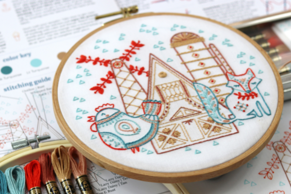 folk-art inspired embroidery project with a hen, fox and windmill on a dutch farm