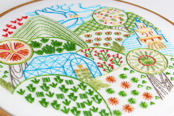 closeup of embroidery project with french knots as berries in scene with fields and rolling hills