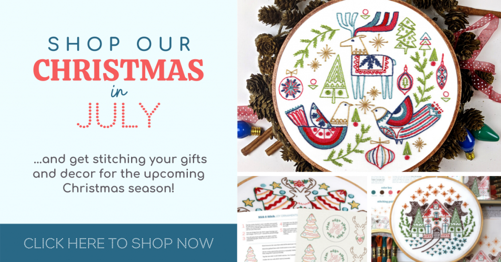 assortment of Christmas embroidery kits in the Stitched Stories shop