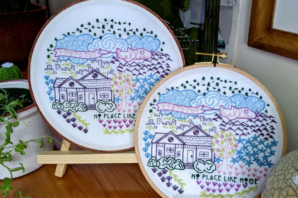 home-themed embroidery project No Place Like Home framed in 7" and 8" hoops