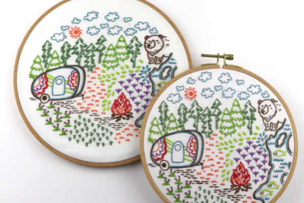 camping themed embroidery project To The Woods framed in 7" and 8" hoops