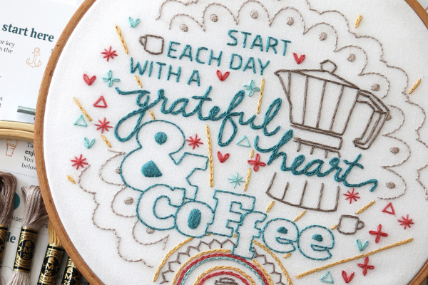 closeup of coffee-inspired embroidery project where chain stitch is used for lettering