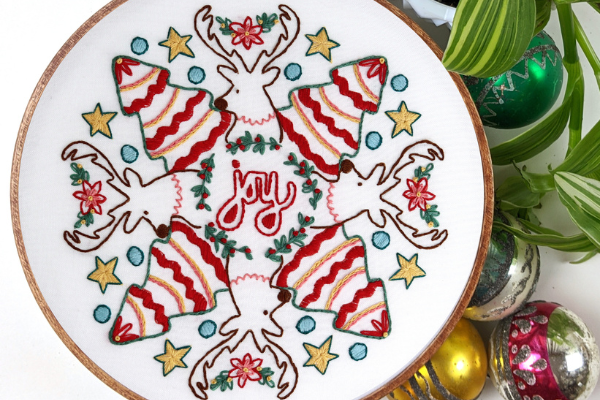 embroidery hoop art with Christmas trees and reindeers in a round. 