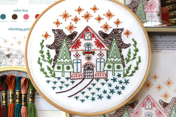 embroidery hoop art with bears dancing under the sky in front of Christmas-styled cottage