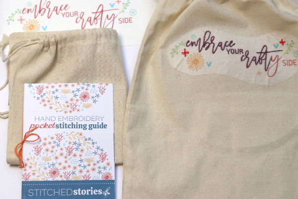 canvas embroidery project bag with "embrace your crafty side" peel and stitch pattern 