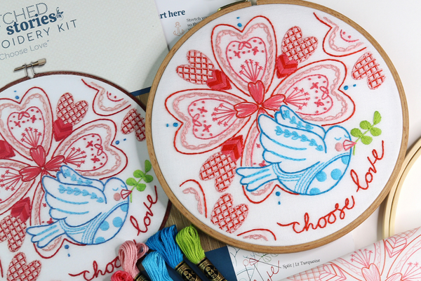 Mandala-inspired Valentine's embroidery kit with hearts and dove.