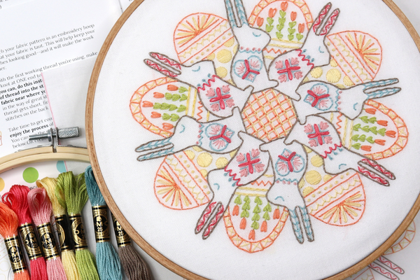 Mandala-inspired spring embroidery kit with bunnies and Easter eggs.