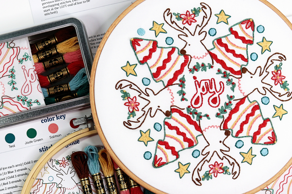 Mandala-inspired Christmas embroidery kit with reindeer and Christmas trees.