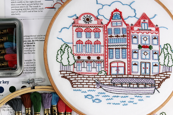 embroidery project with colored houses along the canal