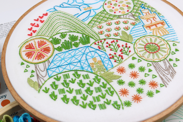 embroidery project of rolling fields with trees, fountain and a glass greenhouse