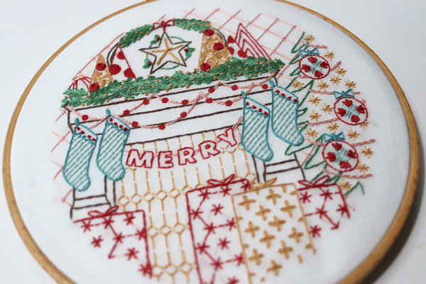 closeup of Christmas embroidery project with festive holiday mantle scene.