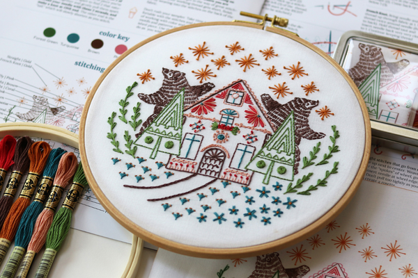 closeup of holiday-inspired embroidery project with bears dancing under the stars in front of Christmas cottage