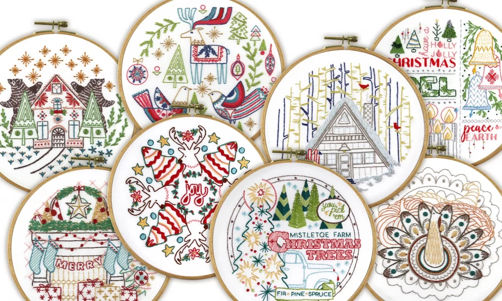 holiday themed embroidery kits from Stitched Stories shop