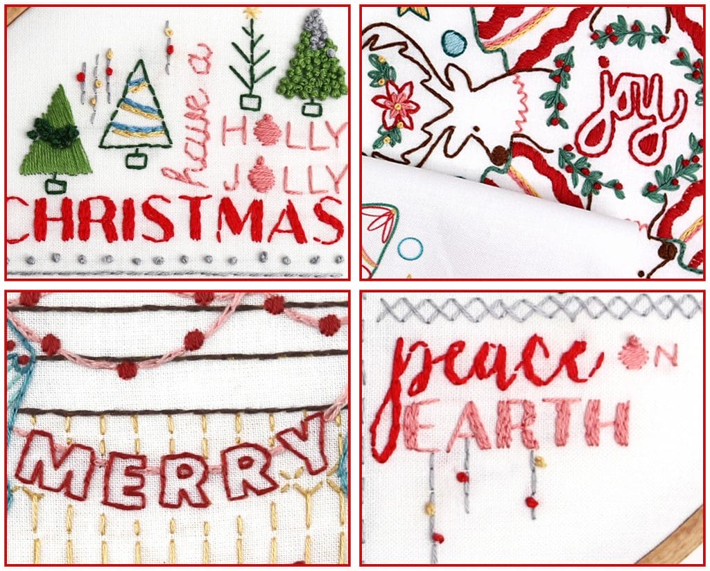 a collage of embroidered holiday messages