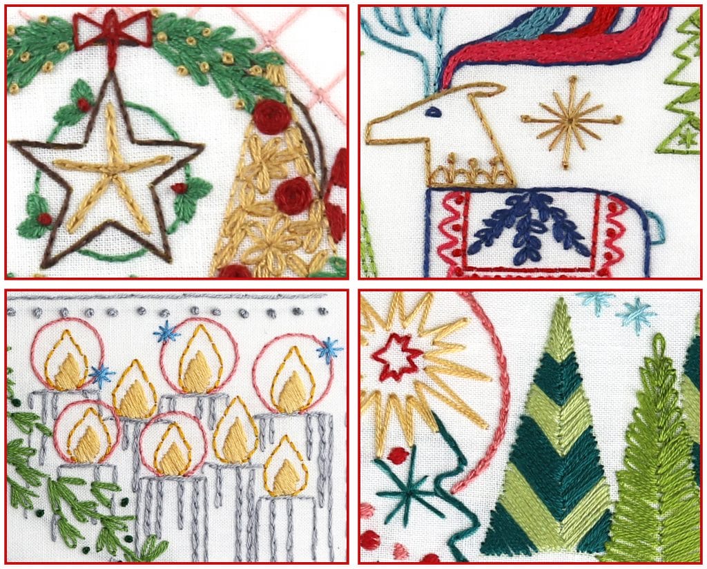collage of embroidery closeups of Christmas motifs including wreath, reindeer, candles and Christmas trees
