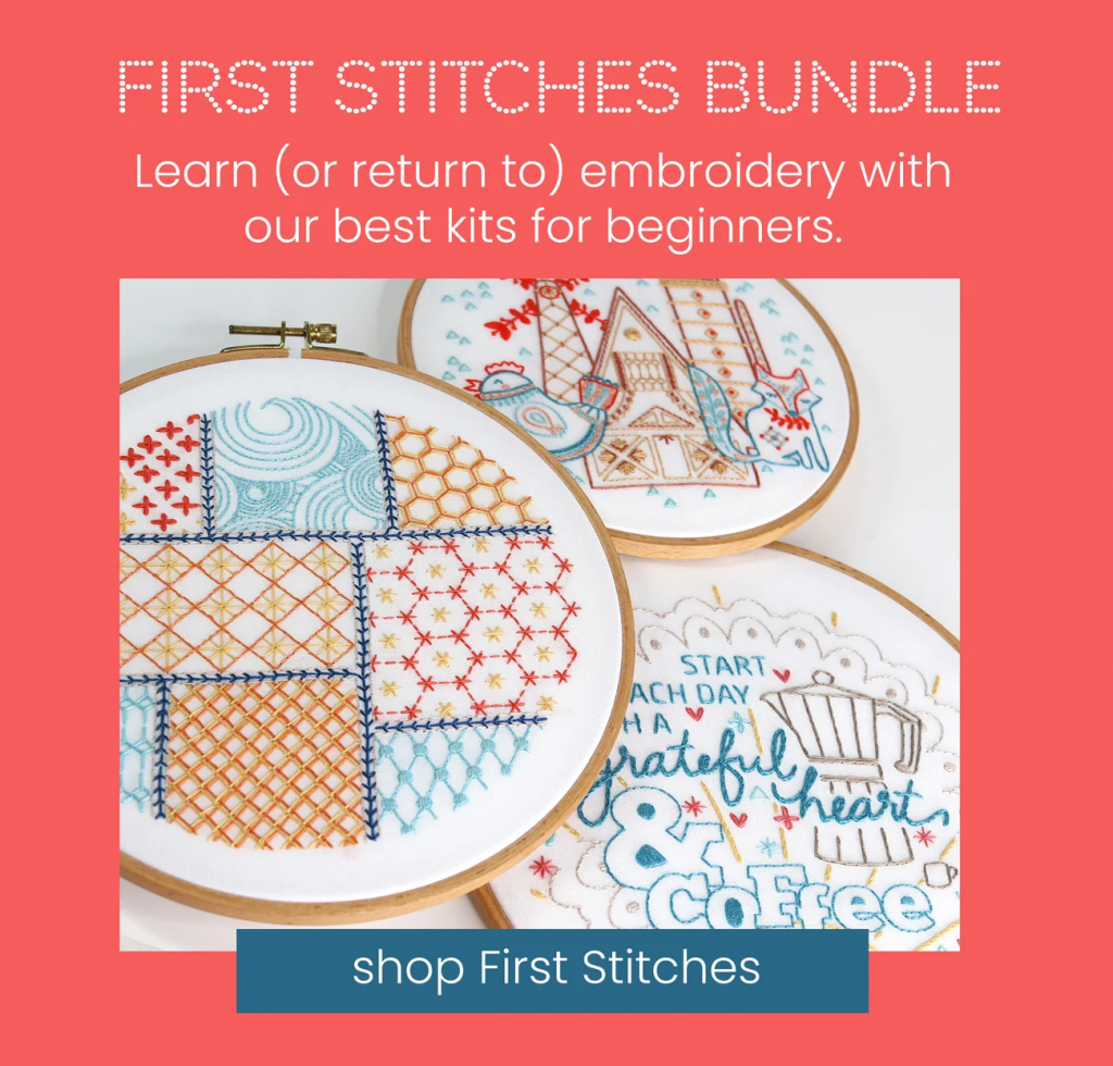 First stitchers bundle with three embroidery kits for beginners