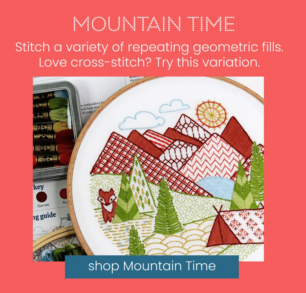 Mountain Time embroidery kit with a number of repeating geometric fills
