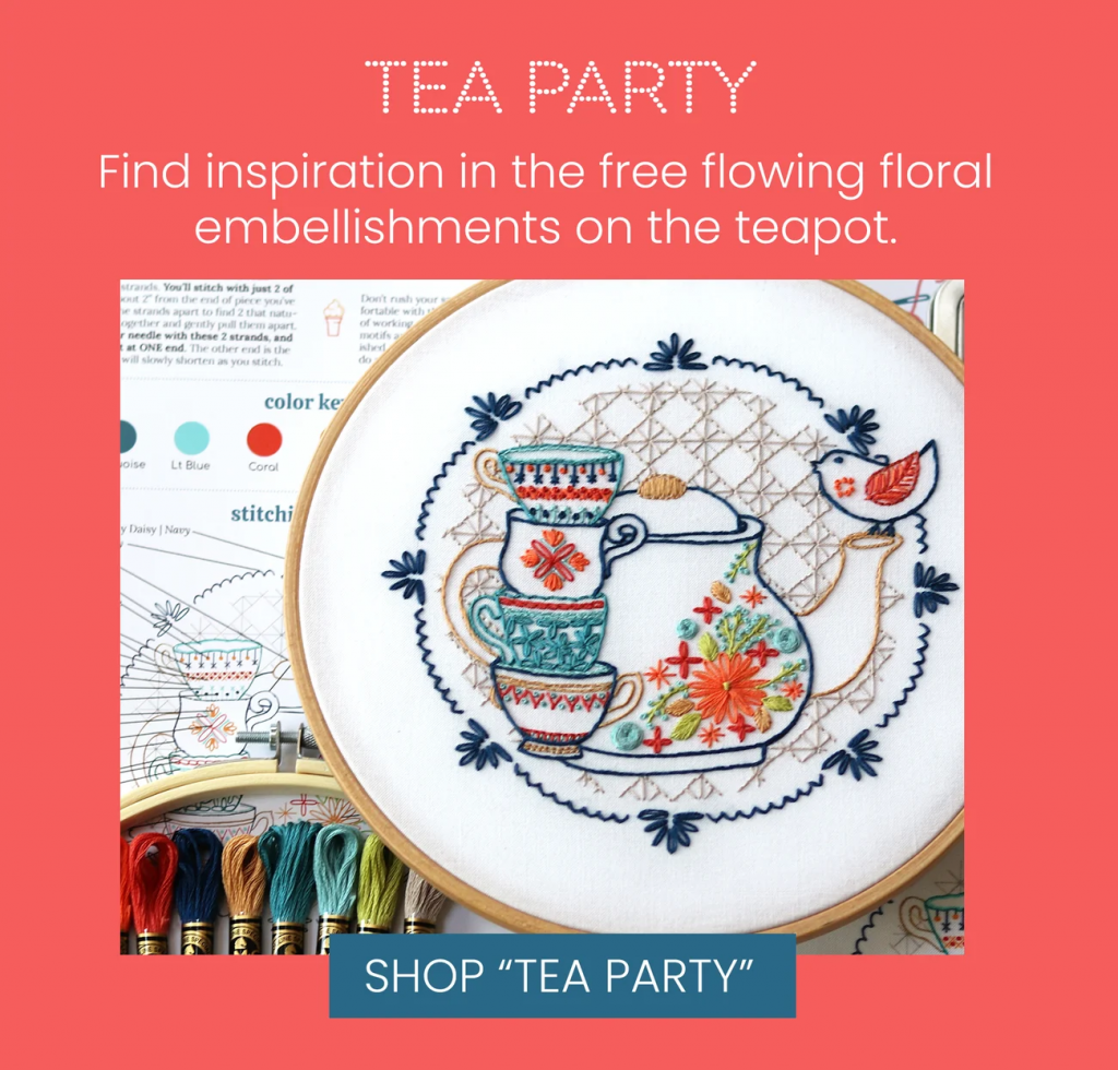 Tea Party embroidery kit with it's appealing free flowing floral embellishment