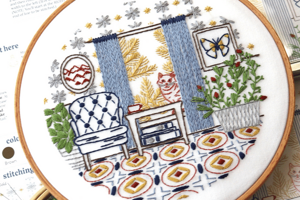 embroidery hoop-art with home interior scene, chair, window and houseplants