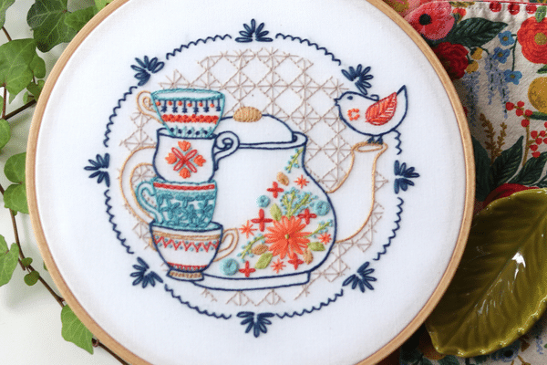 embroidery hoop-art with flower-patterned teapot and teacups