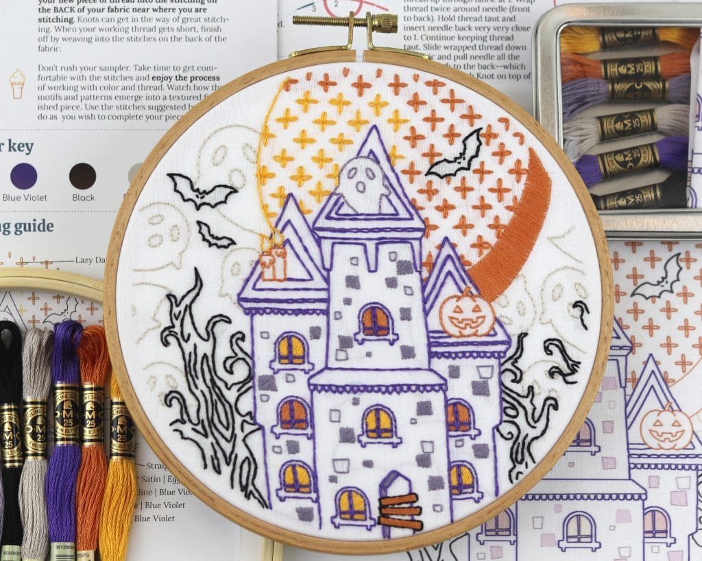 fall embroidery hoopart with spooky house