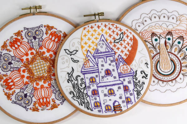 fall embroidery hoopart trio with pumpkins and owls, spooky house and harvest table