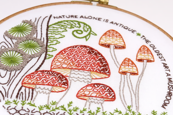 fall embroidery hoopart with mushrooms in fall colors