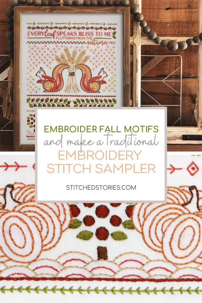 Blog title card: Stitch Fall Motifs in Embroidery Stitch Sampler