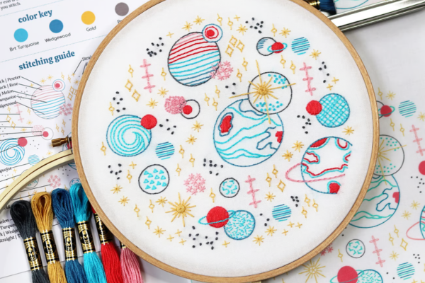 Finished embroidery hoop-art of planets and galaxy