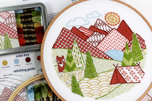 Finished embroidery hoop-art of mountain landscape