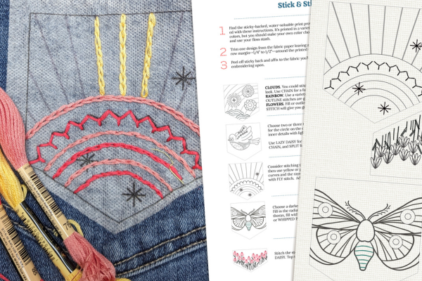 In progress, stick and stitch embroidery pattern stitched on jean pocket.