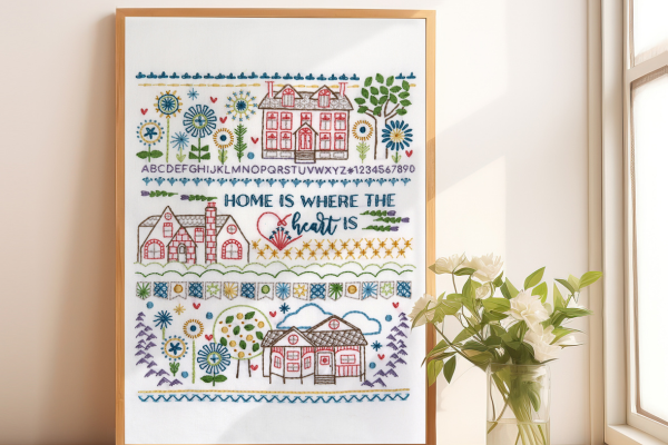 Framed embroidery sampler of home-themed sayings and motifs. 