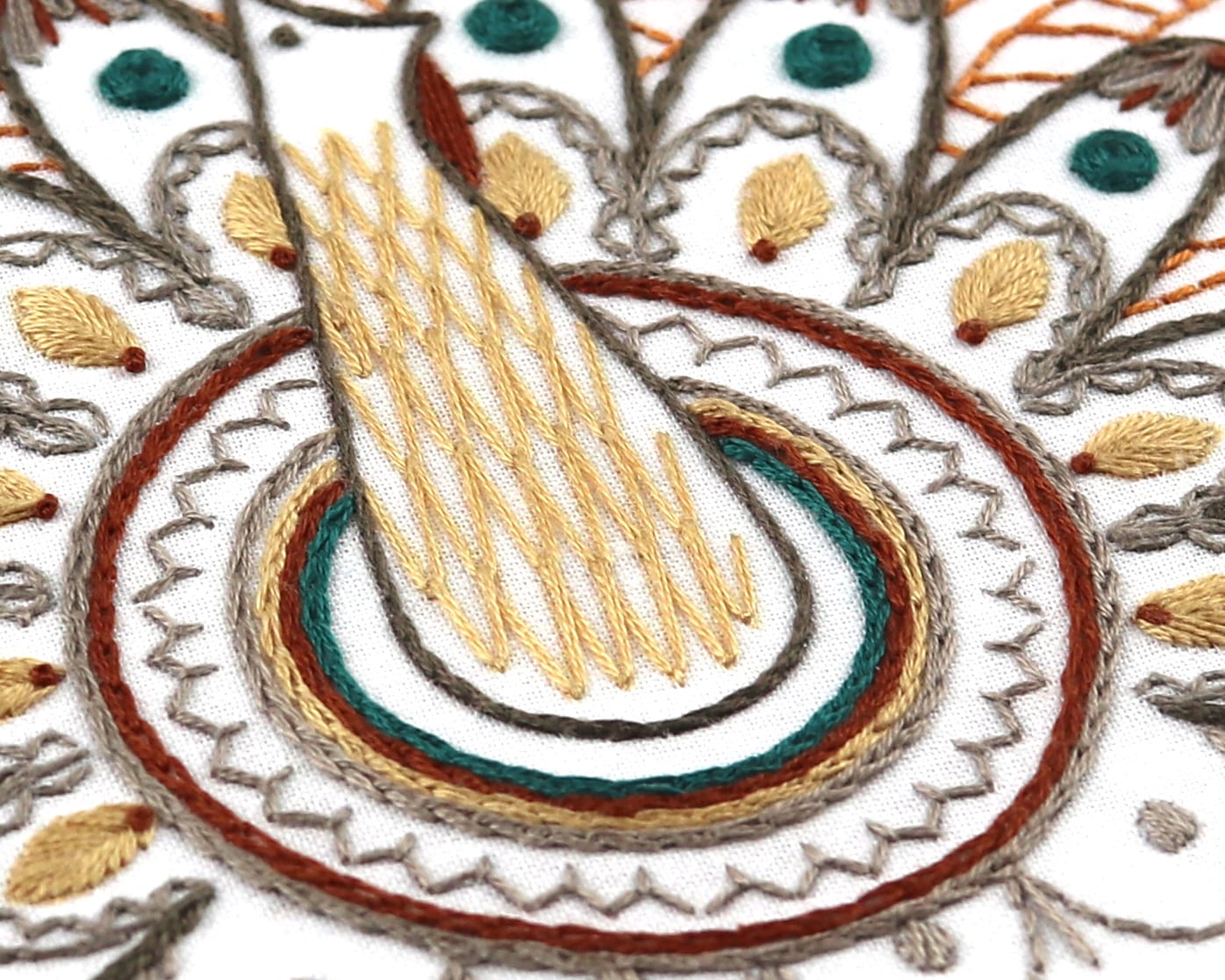 embroidered turkey with bright feathers and ringed breast