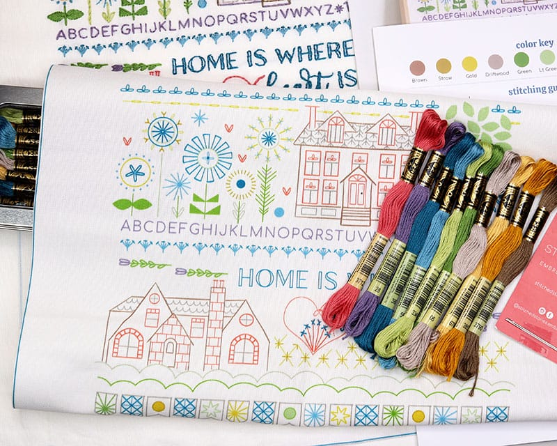 embroidery stitch sampler kit with embroidery floss and pattern printed to heavy linen cotton