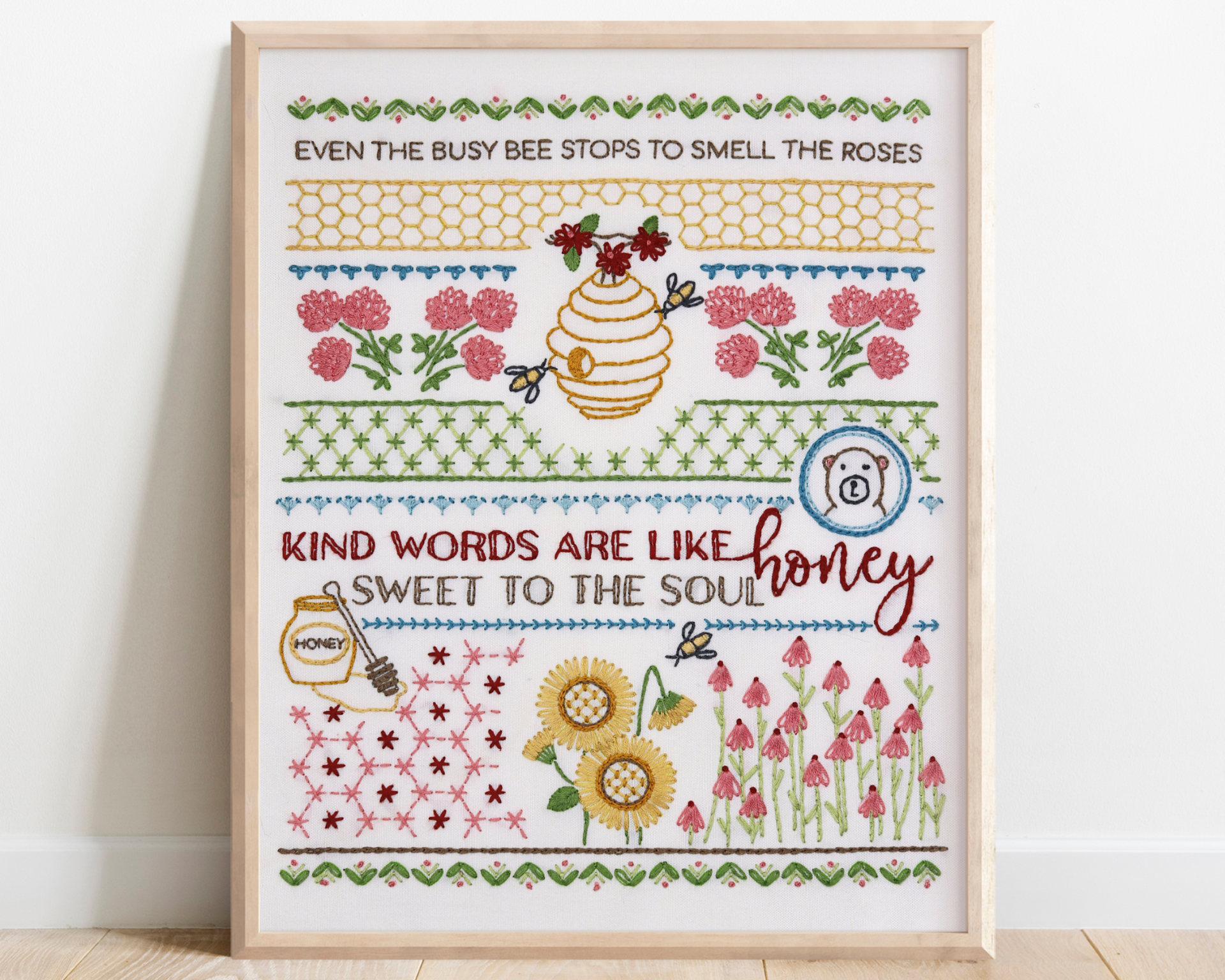 framed embroidery stitch sampler with honeybee-theme 