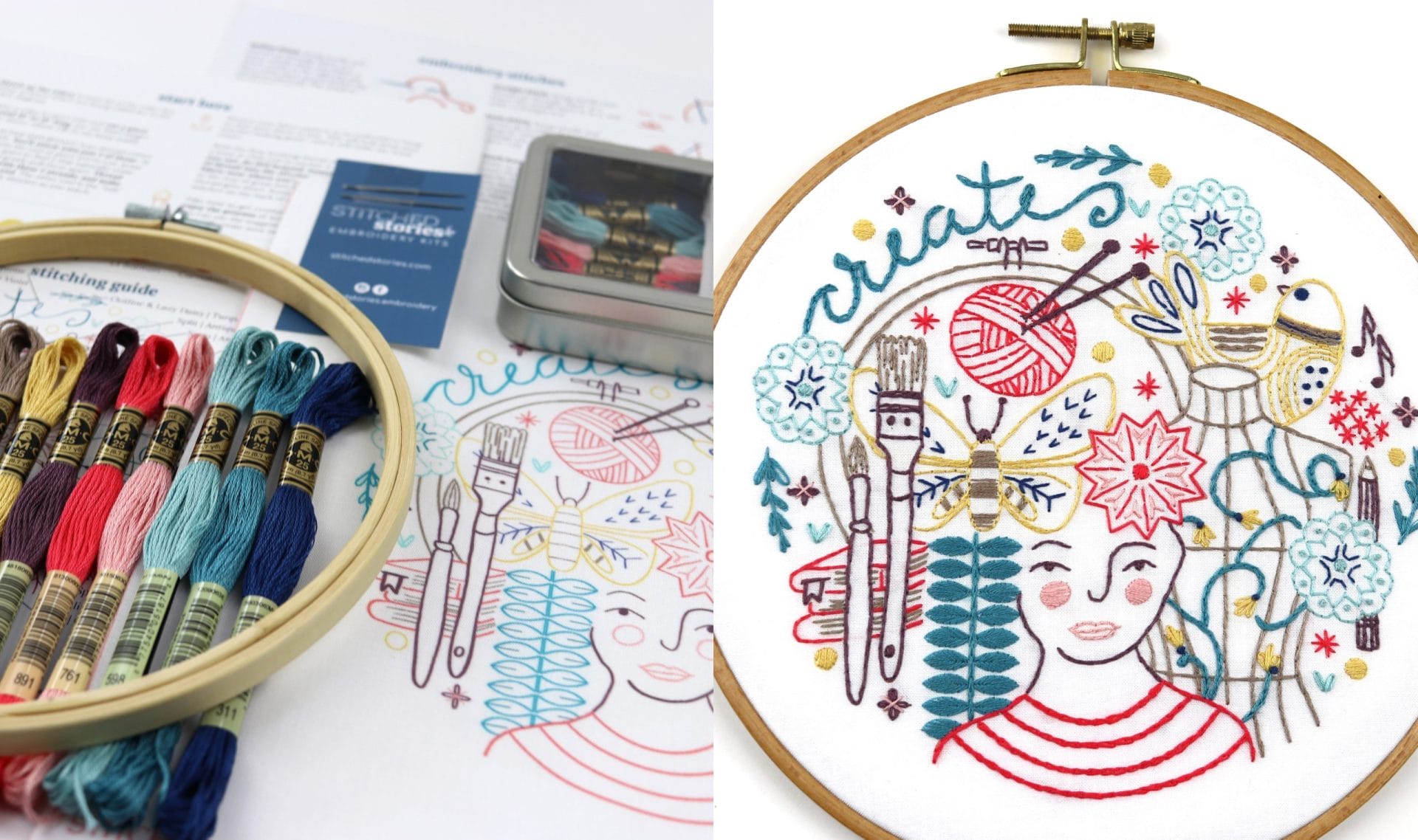 creativity-themed, all-in-one embroidery kit and embroidery hoop art 