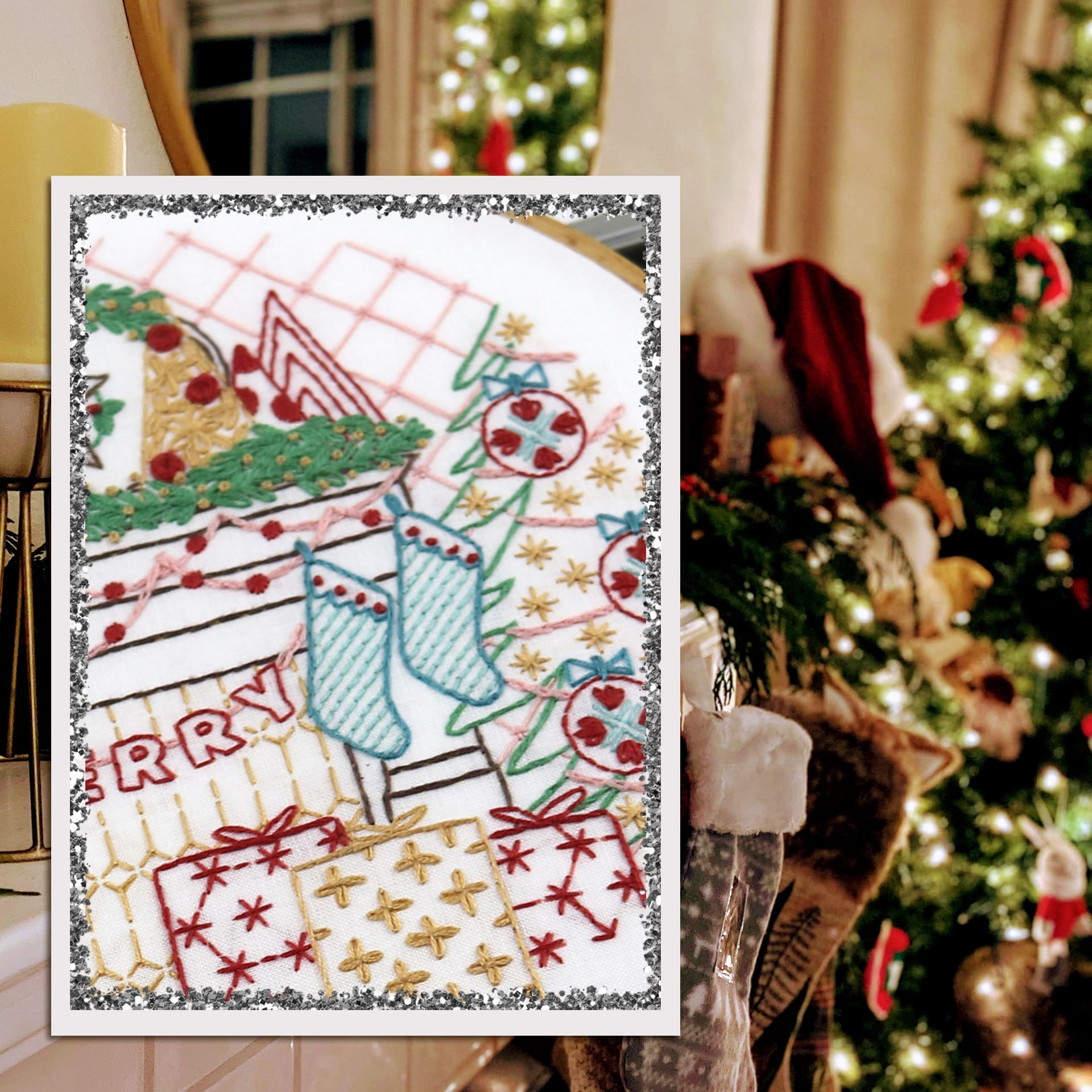 embroidered holiday scene with mantle, stockings and gifts inspired by the night before christmas