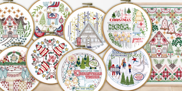 collection of Christmas embroidery hoop art found in the Stitched Stories Holiday Shop