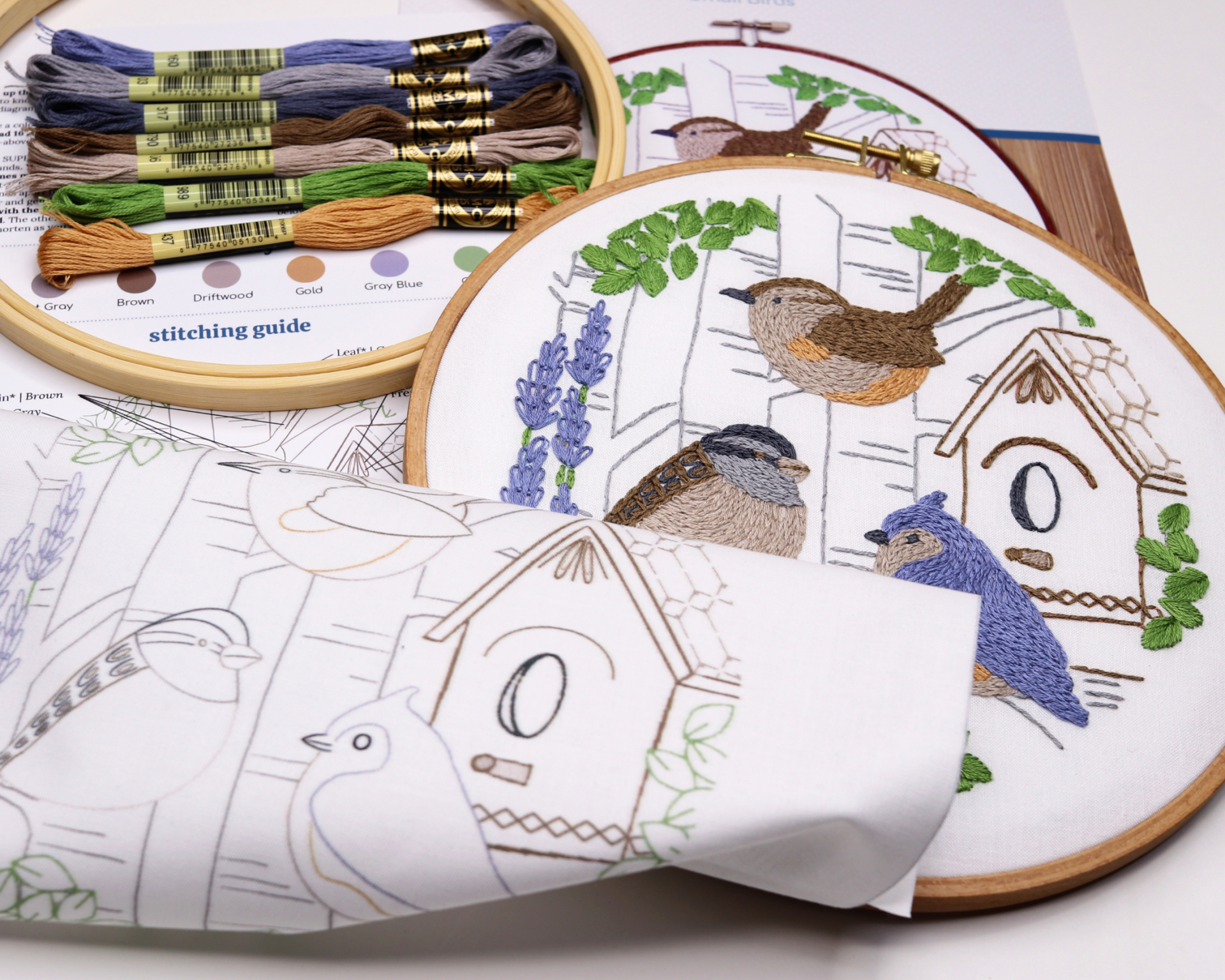 nature-themed embroidery kit with small birds